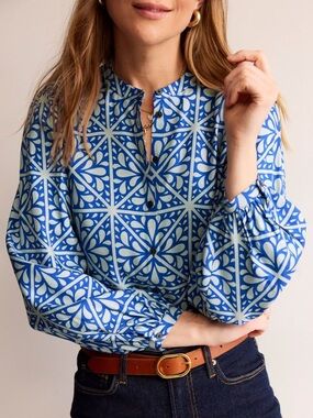 Boden Blouse Geometric Tile Print Long Sleeve Casual Blue Size 8
